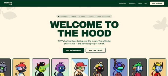 A website screenshot for 'monkey' pixel monkeys NFT collection with 'WELCOME TO THE HOOD' text and 7,777 pixel monkeys taking over the jungle, showing various colorful character designs.