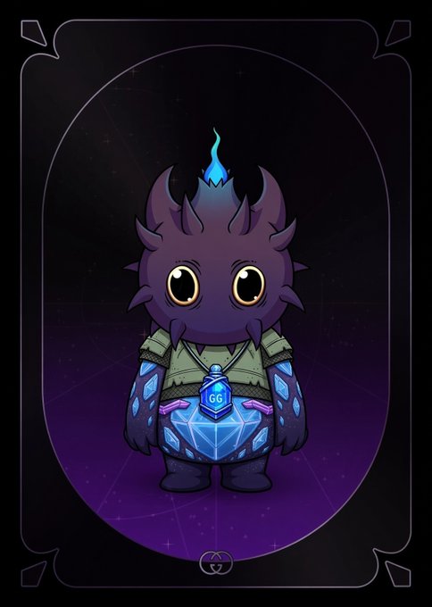 A chibi-style illustration of a purple dragon-like creature with a blue flame on its head, wearing a green jacket and holding a glowing blue crystal labeled 'GG'.