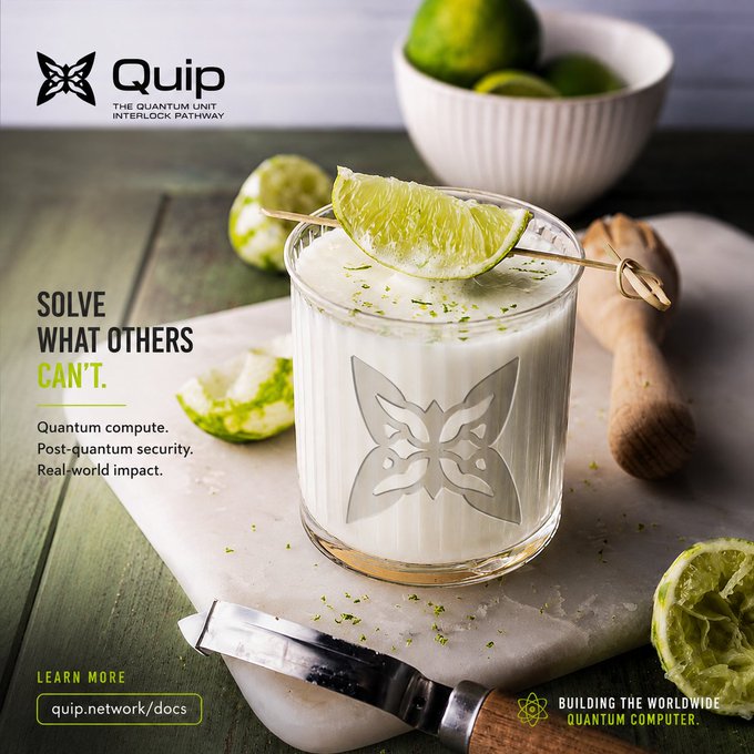 The image shows a white marble table with various objects placed on top of it. There are two glasses - one containing a drink, possibly a cocktail or milkshake, and the other filled with lime wedges. A knife can also be seen on the table. The background is green, which complements the overall color scheme of the scene.

The image features text that reads: "quip network" followed by a list of bullet points about Quantum computing, Quantum physics, Post Quantum computing, Real world impact, and building the rails for a world where wallets, assets, AI, and compute all need protection at machine speed." The objects on the table seem to be related to this post.