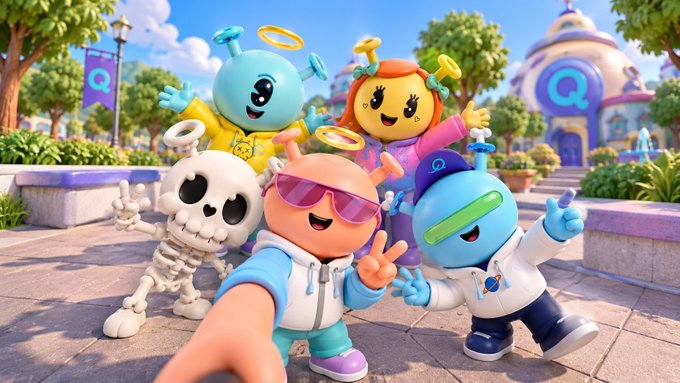 A group of colorful, cartoonish characters including a skeleton, a blue blob with halos, and others pose for a selfie in a bright outdoor plaza setting.