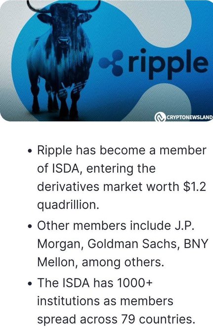 The image features a blue bull with horns, which is part of a poster for Ripple cryptocurrency. The poster includes text that explains Ripple's partnership with the International Swaps and Derivatives Exchange (ISDA) and how this collaboration could potentially drive up the value of Ripple tokens by $12,501.38 if the value flows through the Ripple platform.