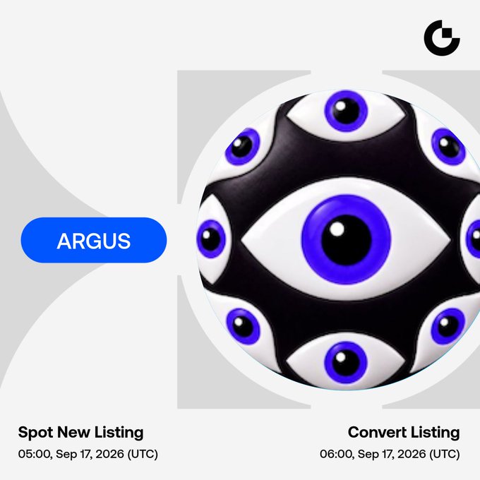 Promotional graphic for the ARGUS token listing on Gate.io, featuring a surreal 3D sphere covered in purple eyes, with text indicating "Spot New Listing" at 05:00, Sep 17, 2026 (UTC) and "Convert Listing" at 06:00, Sep 17, 2026 (UTC).