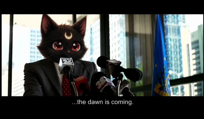 An animated black cat with a crescent moon on its forehead, dressed in a suit and red tie, speaks at a press conference with multiple microphones. Subtitle reads: '...the dawn is coming.'
