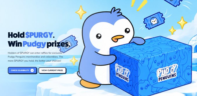 A promotional graphic for a 'Pudgy Penguins' cryptocurrency campaign that reads 'Hold $PURGY. Win Pudgy prizes,' showing a cartoon penguin holding blue boxes with the Pudgy Penguins logo.