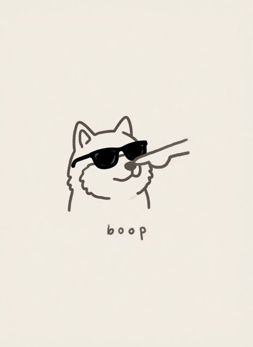 A simple line drawing of a dog wearing black sunglasses with a finger poking its nose, captioned 'boop' underneath.