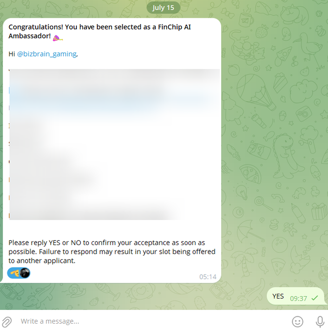 A Telegram message congratulating '@bizbrain.gaming' on being selected as a FinChip AI Ambassador, asking for YES or NO confirmation.