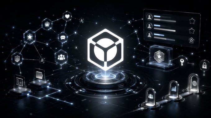 A futuristic digital illustration featuring a central hexagonal cube logo surrounded by interconnected nodes representing various features like user profiles, security shields, ratings, and locks on a glowing platform.
