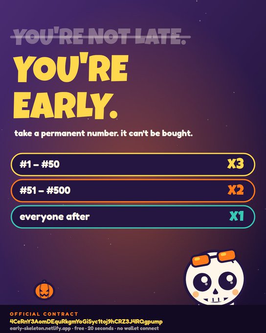 A promotional graphic with bold text reading "YOU'RE NOT LATE. YOU'RE EARLY." advertises a tiered permanent number system with multipliers of x3 for numbers #1-#50, x2 for #51-#500, and x1 for everyone after, alongside a pumpkin-headed skull mascot. The contract address "4CeRnY3AomDEquRkgmYoGiSyc1toj9hCRZ3J4RQgpump" is displayed at the bottom, reinforcing the post's message of a fair, no-presale launch where the developer bought no tokens and all wallets are publicly labeled on-chain.