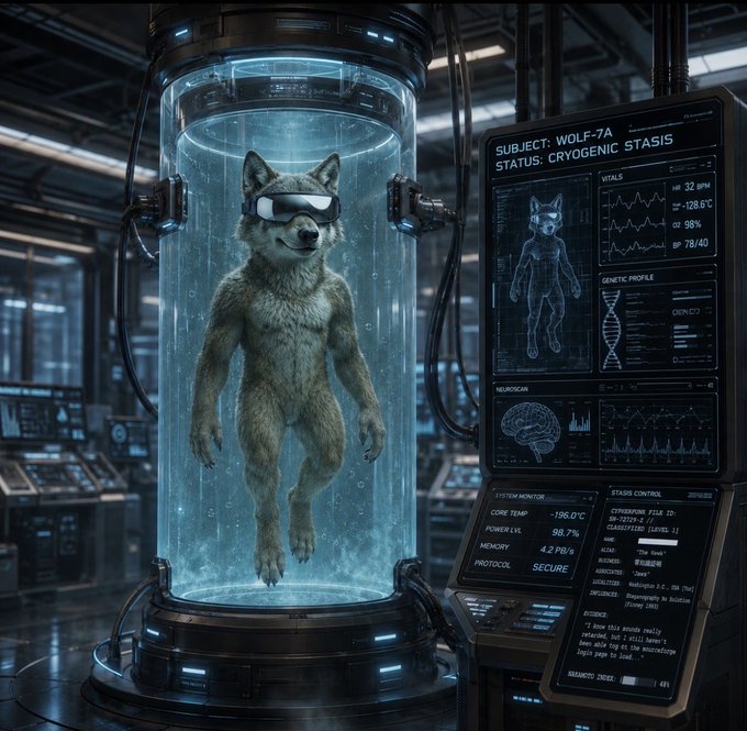 A wolf-like humanoid wearing VR goggles is suspended in a cryogenic stasis chamber (subject "WOLF-7A"), with a control panel displaying vitals (HR 32 BPM, BP 78/40), a genetic profile, and a core temperature of -196.0°C. The image ties into "C-FILES" as a classified cryogenics experiment entry documenting the creature's secure stasis and neural monitoring status.