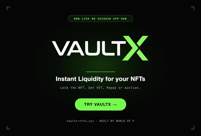 The image shows a screenshot of a website called "vaaultx" with a green background, white text, and a logo for VaultX. The website appears to be related to NFTs or cryptocurrency, as indicated by the title "VAULTX is LIVE The first NFT-backed lending protocol on VeChain". The post also mentions that the vaultx app can be used to borrow VET instantly using your NFTs as collateral and provides information about a new NFT called Genesis Lottery.