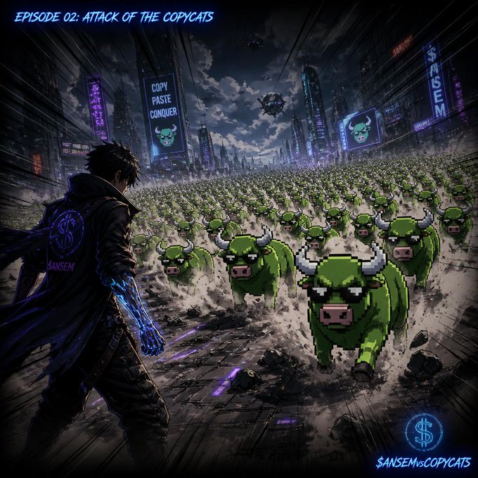 Anime-style illustration titled 'EPISODE 02: ATTACK OF THE COPYCATS' showing a dark-haired warrior with a glowing blue arm facing a massive horde of pixel-art green bulls charging through a cyberpunk city, with '$ANSEM vs COPYCATS' logo at the bottom.