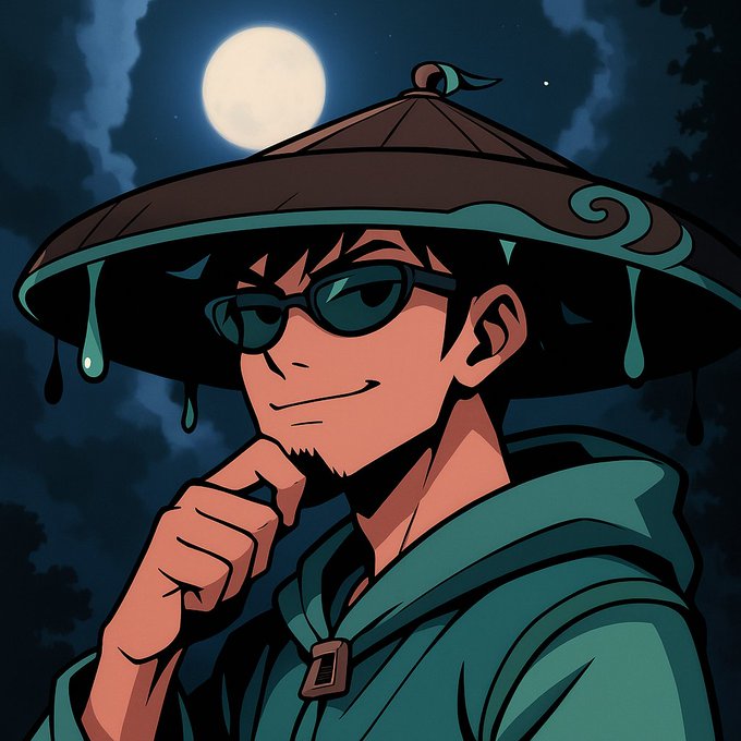 An anime-style character wearing a wide-brimmed straw hat, sunglasses, and a green cloak, posing thoughtfully under a full moon.