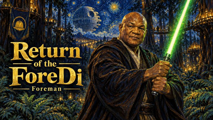The image is a Star Wars parody poster titled "Return of the ForeDi Foreman," showing a bald man in a Jedi robe wielding a green lightsaber against a Van Gogh "Starry Night" background featuring the Death Star. It humorously plays on the caption "When you know, you know" by visually merging the wisdom and presence of a Jedi Master with a construction foreman, suggesting the deep, undeniable expertise of a seasoned pro.