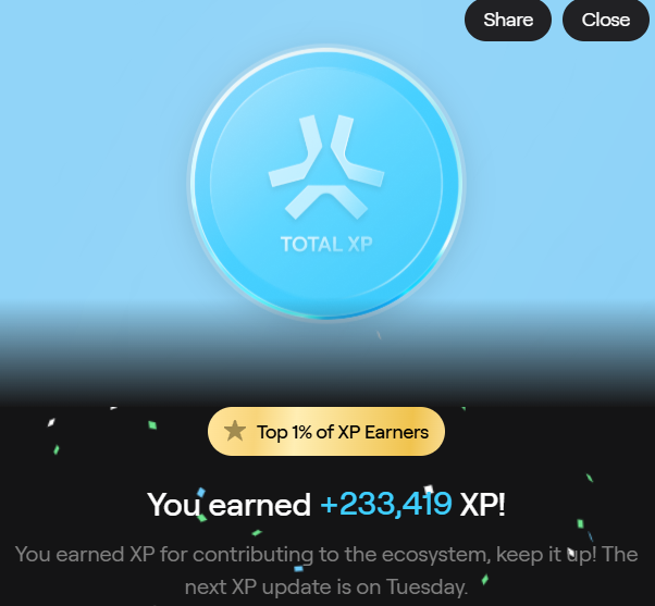 A celebratory mobile app screen showing a large blue 'TOTAL XP' badge, announcing 'You earned +233,419 XP!' and noting the user is in the 'Top 1% of XP Earners'.