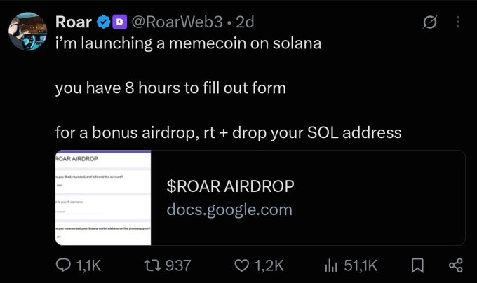 A tweet from verified user @RoarWeb3 announces the launch of a memecoin on Solana, urging followers to fill out a form within 8 hours for a $ROAR airdrop bonus by retweeting and dropping their SOL address, with the post showing 1.1K comments, 937 retweets, 1.2K likes, and 51.1K views—illustrating the "Another one" sentiment as yet another memecoin airdrop promotion appears on the platform.