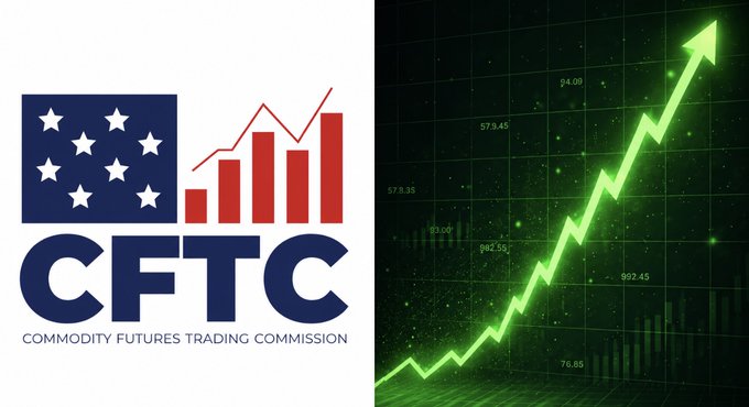 The image displays the CFTC (Commodity Futures Trading Commission) logo alongside a glowing green upward trending chart with figures like "579.45," "94.09," and "992.45," visually symbolizing the agency's upcoming pro-crypto regulatory push aimed at fostering market innovation over enforcement.