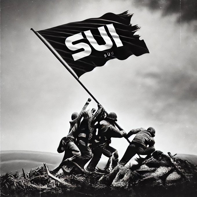 A black and white image styled after the iconic Iwo Jima flag-raising, with the flag displaying the 'SUI' (Sui cryptocurrency) logo.