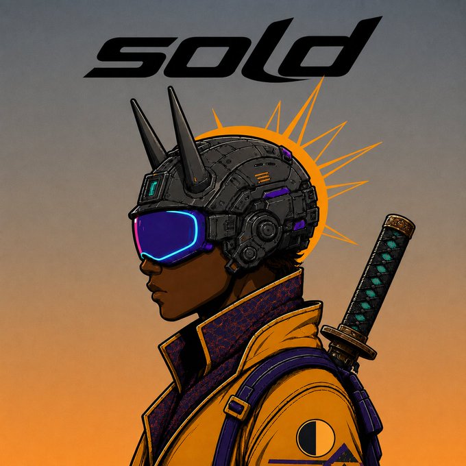 An anime-style digital artwork of a character wearing a cyberpunk helmet with neon blue goggles and a yellow jacket, with a katana on their back and the word 'SOLD' written at the top.