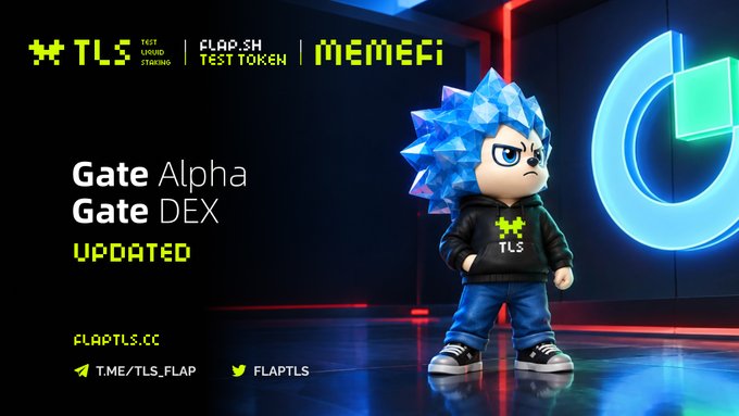 A promotional graphic features a cartoon character with blue spiky hair wearing a black hoodie with 'TLS' printed on it, set against a dark background with a glowing logo. Text on the image reads 'TLS TEST LIQUID STAKING', 'FLAP.SH TEST TOKEN', 'Gate Alpha Gate DEX UPDATED', and includes the website 'FLAPTLS.CC' along with social media handles 'T.ME/TLS_FLAP' and 'FLAPTLS'.