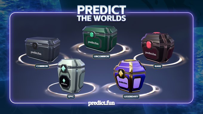 A promotional image for predict.fun titled 'PREDICT THE WORLDS' showcases five tiers of in-game loot crates labeled Common, Uncommon, Rare, Epic, and Legendary.