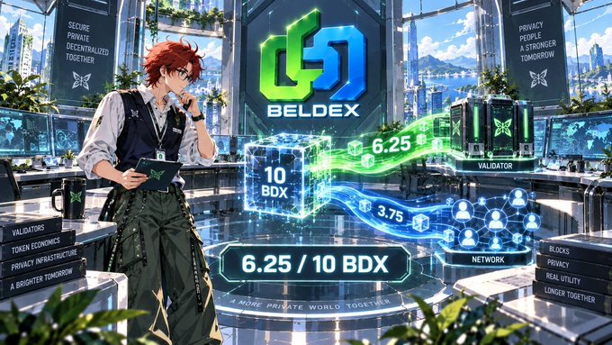 A digital illustration featuring a red-haired anime character in a tech-inspired setting, promoting 'BELDEX' cryptocurrency with text '6.25 / 10 BDX' and 'A MORE PRIVATE WORLD TOGETHER', alongside floating 3D cubes labeled 'VALIDATOR' and 'NETWORK'.
