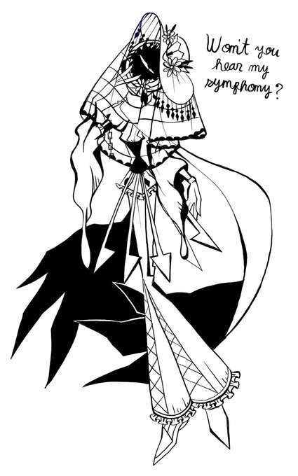 A black-and-white illustration depicts a veiled, masked figure in elaborate flowing garments, with the handwritten text "Won't you hear my symphony?" appearing beside them. The artwork ties to the hashtags "#nullscape" and "#cadence" by portraying a haunting, music-themed character, suggesting Cadence as the symphony-speaking figure from the Nullscape setting.