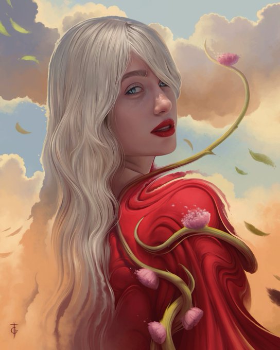 A fantasy digital illustration of a pale woman with long blonde hair wearing a flowing red garment, with pink flowers and green vines swirling around her against a cloudy sky.