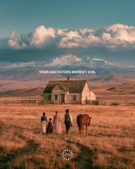 A scenic landscape photo with a small house, a family and cow in a field, captioned 'YOUR ANCESTORS WEREN'T EVIL'.
