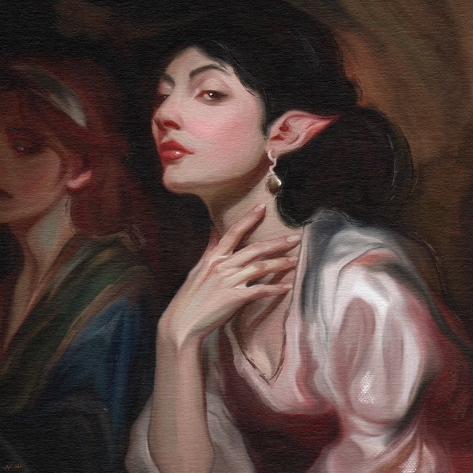 The image features a painting of two women with long hair wearing earrings. One woman has her hand on her face while looking at something off-camera, and the other woman is also looking towards the camera. The background appears to be dark, which contrasts with the bright colors used in the painting. The post that accompanies this artwork reads: "the beauty that erased me 1500 xtz, 364$". This suggests that the artist's work has been purchased by someone who found it valuable or meaningful.