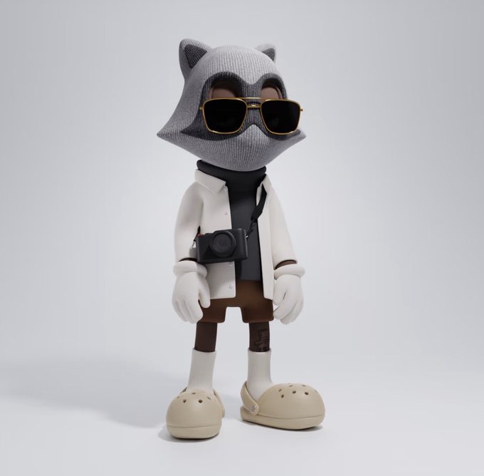 A 3D-rendered anthropomorphic raccoon character wearing sunglasses, a textured hood, white gloves, a camera around its neck, brown shorts, and beige clogs.