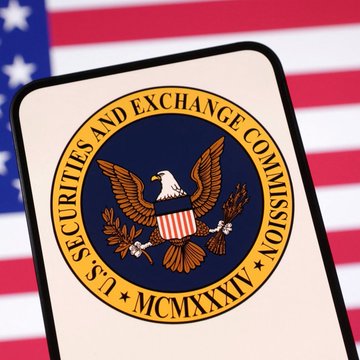 A smartphone displaying the U.S. Securities and Exchange Commission (SEC) seal with an American flag background.