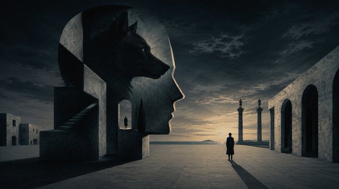 A surreal dark scene depicting a giant stone head silhouette containing a wolf profile, with a small figure standing before it near classical columns at sunset.