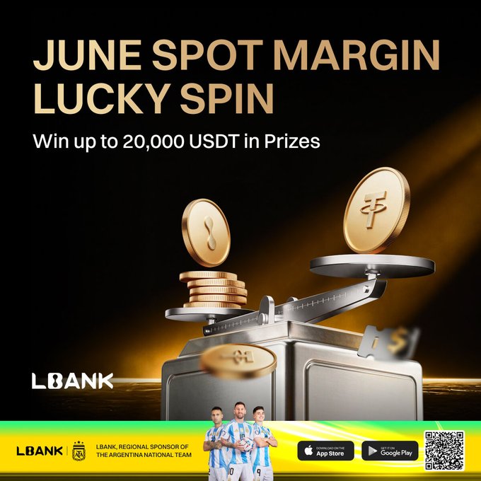 In this image, there are three people standing next to a scale that has a stack of gold coins on one side and two coins on the other. The phrase "June Lucky Spin" is written above them in the center of the image. There's also text about the event posted by the bank with the following details: 
"The Bank is hosting an June Lucky Spin with a team of three soccer players from Uruguay, two from Argentina and one from England who are taking part in a contest to win up to 20,000 USDT in prizes."