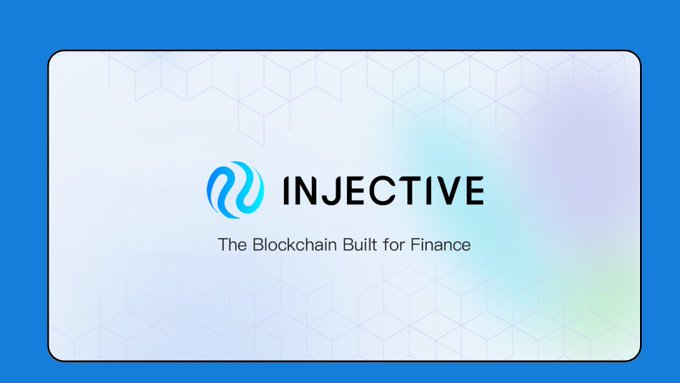 The image features an advertisement for a company called "Injective". The logo of the company is displayed prominently at the top center of the image. Below the logo, there's text that reads "The Blockchain Built for Finance" followed by a list of bullet points explaining what Injective does and how it can be used in finance.
