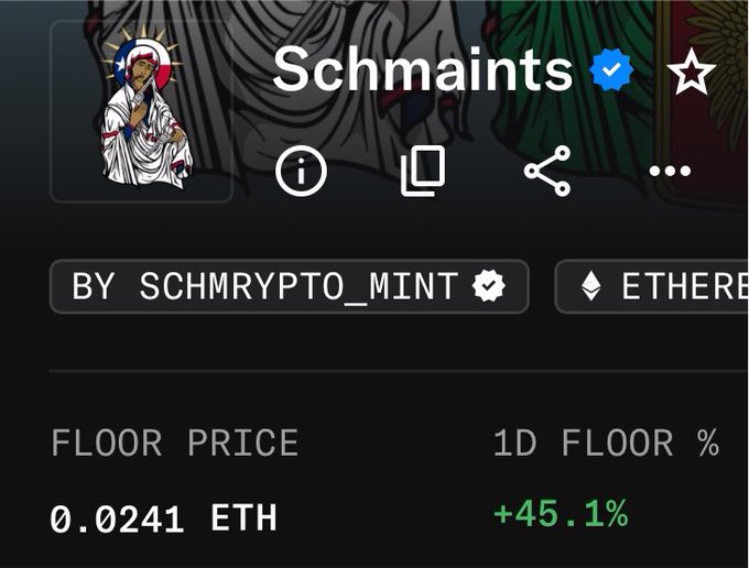 The screenshot displays an OpenSea NFT collection page for "Schmaints" by Schmrypto_Mint on the Ethereum blockchain, showing a floor price of 0.0241 ETH with a notable 45.1% increase in the last day. The collection features a verified checkmark (blue badge) next to its name, likely addressing the user's inquiry about verification status on OpenSea.