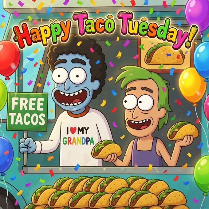 A vibrant "Happy Taco Tuesday!" cartoon illustration features two excited characters—a blue-skinned man in an "I ❤️ MY GRANDPA" shirt holding a "FREE TACOS" sign and a green-haired friend—surrounded by colorful balloons, confetti, and rows of fresh tacos. The festive giveaway imagery matches the celebratory post inviting followers to engage for a chance to win crypto rewards.