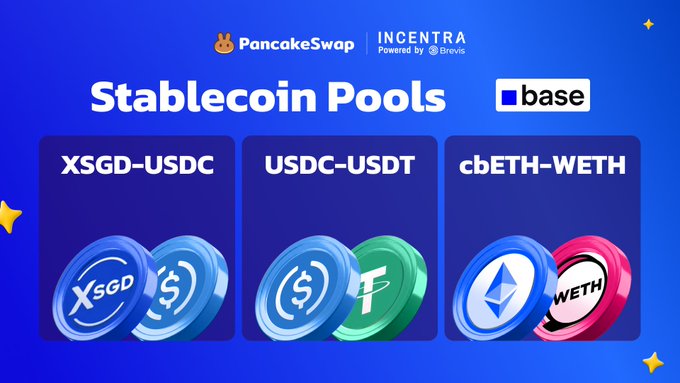 The image features a poster for Stablecoin pools, which are three types of cryptocurrency pools that can be used to invest in Bitcoin or other cryptocurrencies. The poster has a blue background with white text, and there are four different types of cryptocurrency pools displayed on the poster. Each pool is represented by a unique color: green, blue, red, and yellow. The poster also includes logos for PancakeSwap and Incentra, which are companies that provide services related to Stablecoin pools.
