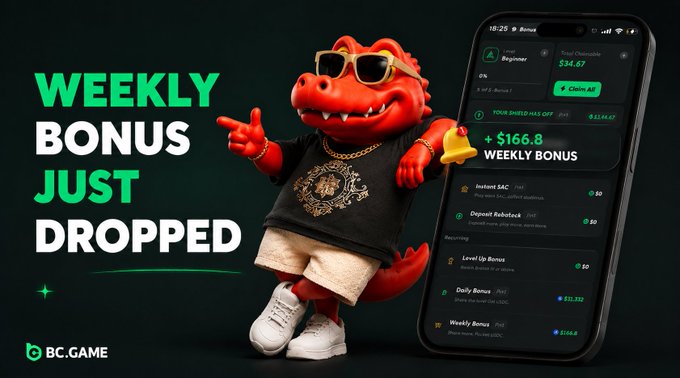 A promotional advertisement for BC.GAME featuring a 3D cartoon alligator wearing sunglasses and a black t-shirt, holding a bell, with text reading 'WEEKLY BONUS JUST DROPPED' and a phone displaying a +$166.8 weekly bonus.