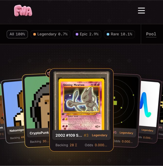 A digital collectibles platform called "FWA" displaying trading cards including "CryptoPunk" and a "Shining Mewtwo" Legendary card, with rarity percentages listed at the top.
