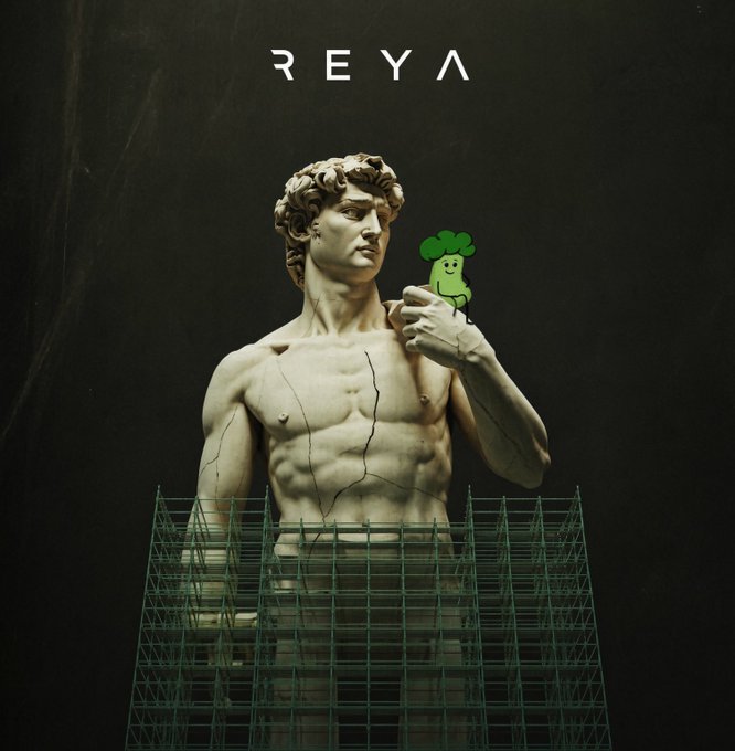 An artistic poster displays the cracked marble statue of David holding a small cartoon broccoli with a face, with the word 'REYA' at the top and scaffolding at the bottom.