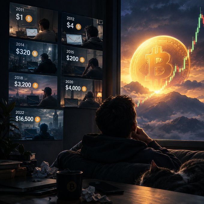 An illustrated scene depicts a person looking at a Bitcoin price chart spanning years (2011-2022, rising from $1 to $16,500), with a large glowing Bitcoin symbol against a sunset sky.