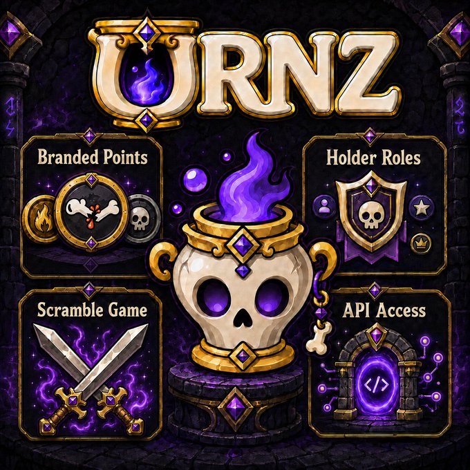 A fantasy game-themed promotional graphic titled 'URNZ' featuring a glowing purple skull urn surrounded by four panels labeled 'Branded Points', 'Holder Roles', 'Scramble Game', and 'API Access'.