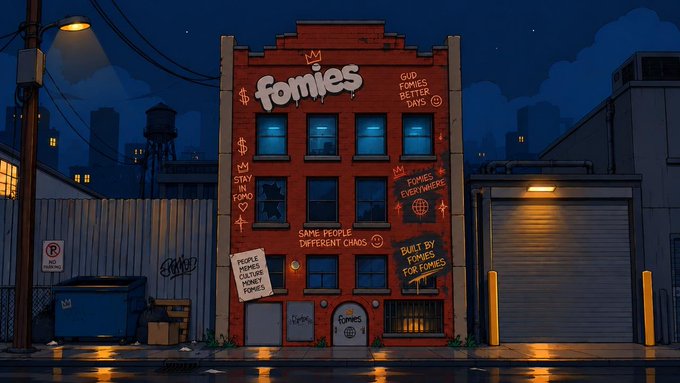Stylized illustration of a red brick building labeled 'fomies' with graffiti-style text reading 'SAD FOMO', 'SAME PEOPLE DIFFERENT CHAOS', 'BAIT BY FOMIES FOR FOMIES', and 'I'M FOMIES EVERYWHERE'.