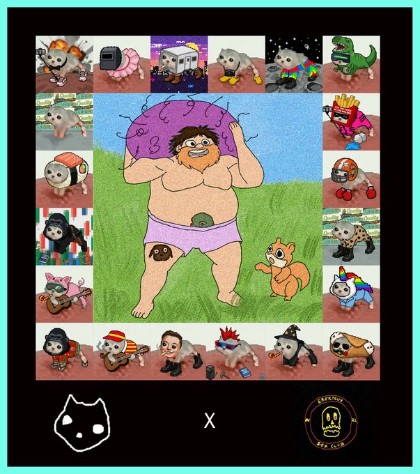 A collage featuring a central cartoon of a stout man in pink underwear holding a purple brain, surrounded by smaller images of cats in various costumes like dinosaurs, kings, and food.