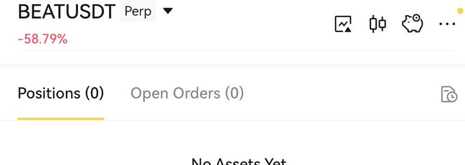 A trading interface showing 'BEATUSDT Perp' down -58.79%, with Positions (0) and Open Orders (0), both empty showing 'No Assets Yet'.