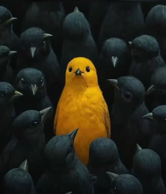 An artistic illustration featuring a single bright yellow bird standing out among a crowd of dark black birds.