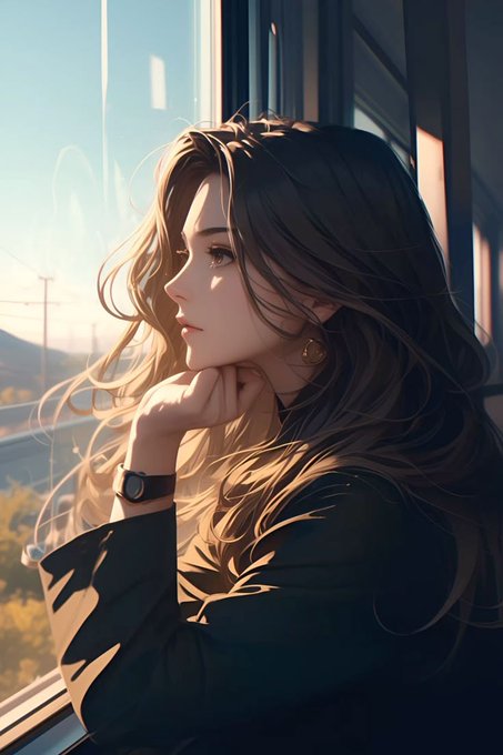 A contemplative young woman with long, wavy brown hair gazes out a window at a scenic landscape, wearing a black top and a wristwatch, her serene expression suggesting a moment of reflection that aligns with the "Good Evening" theme of the $RIVER Season 5 announcement post.