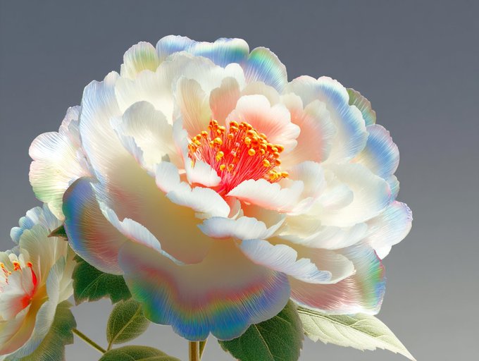 A luminous white peony with iridescent rainbow-hued petal edges and vibrant orange-yellow stamens takes center stage against a soft gray background, with a smaller bloom and green leaves nestled below. The flower serves as a striking visual prelude to the upcoming 21-piece collection, evoking themes of growth, beauty, and creative blossoming.