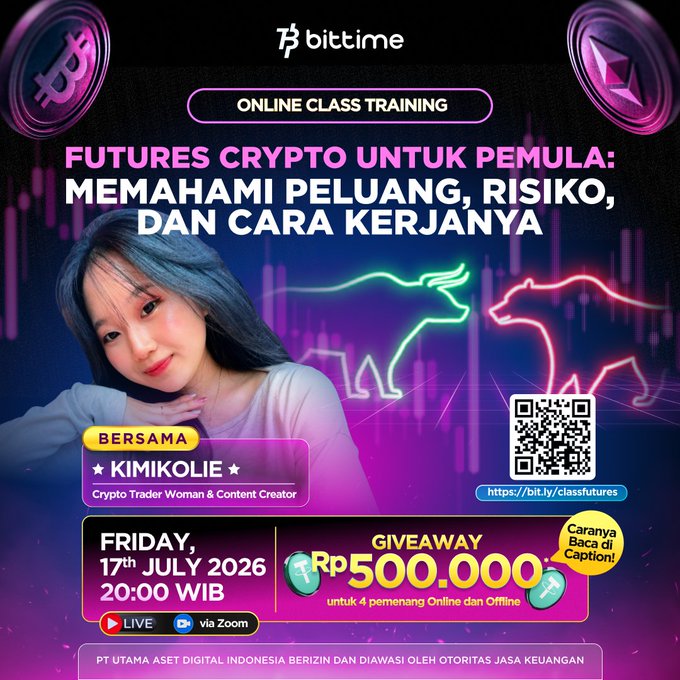 Promotional poster for a Bittime online class titled 'FUTURES CRYPTO UNTUK PEMULA: MEMAHAMI PELUANG, RISIKO, DAN CARA KERJANYA' featuring crypto trader Kimikolie, scheduled for Friday, July 17th 2026 at 20:00 WIB, with an Rp500,000 giveaway.
