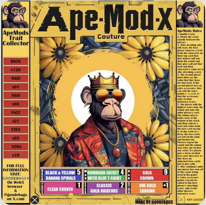An "Ape-Mod-x Couture" card with a crowned chimpanzee wearing sunglasses and a colorful shirt, surrounded by sunflowers, featuring attributes like "HAWAIIAN JACKET WITH BLUE T-SHIRT," "GOLD CROWN," and "CLASSIC GOLD AVIATORS," along with game rules from "ApeMods Trait Collector."